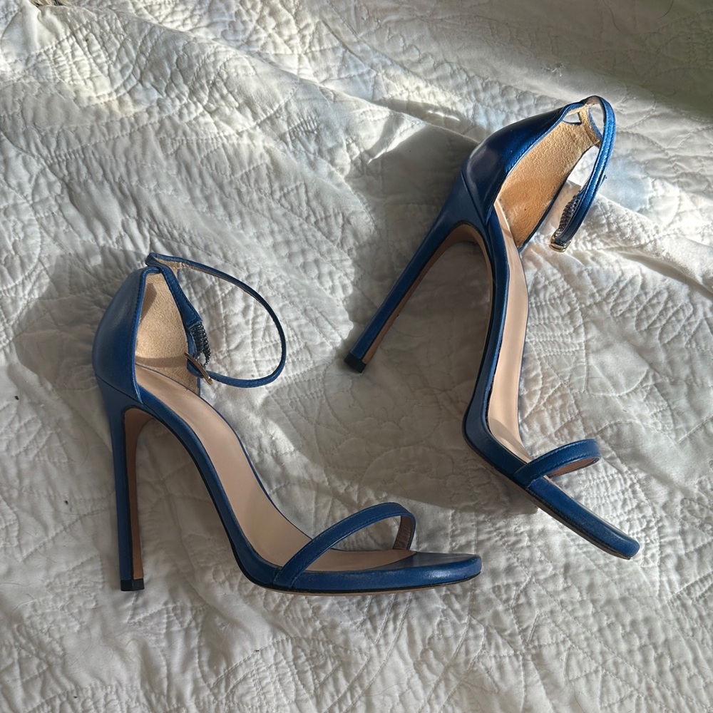 Stuart Weitzman Nudist Blue Leather Heel Sandal - 7